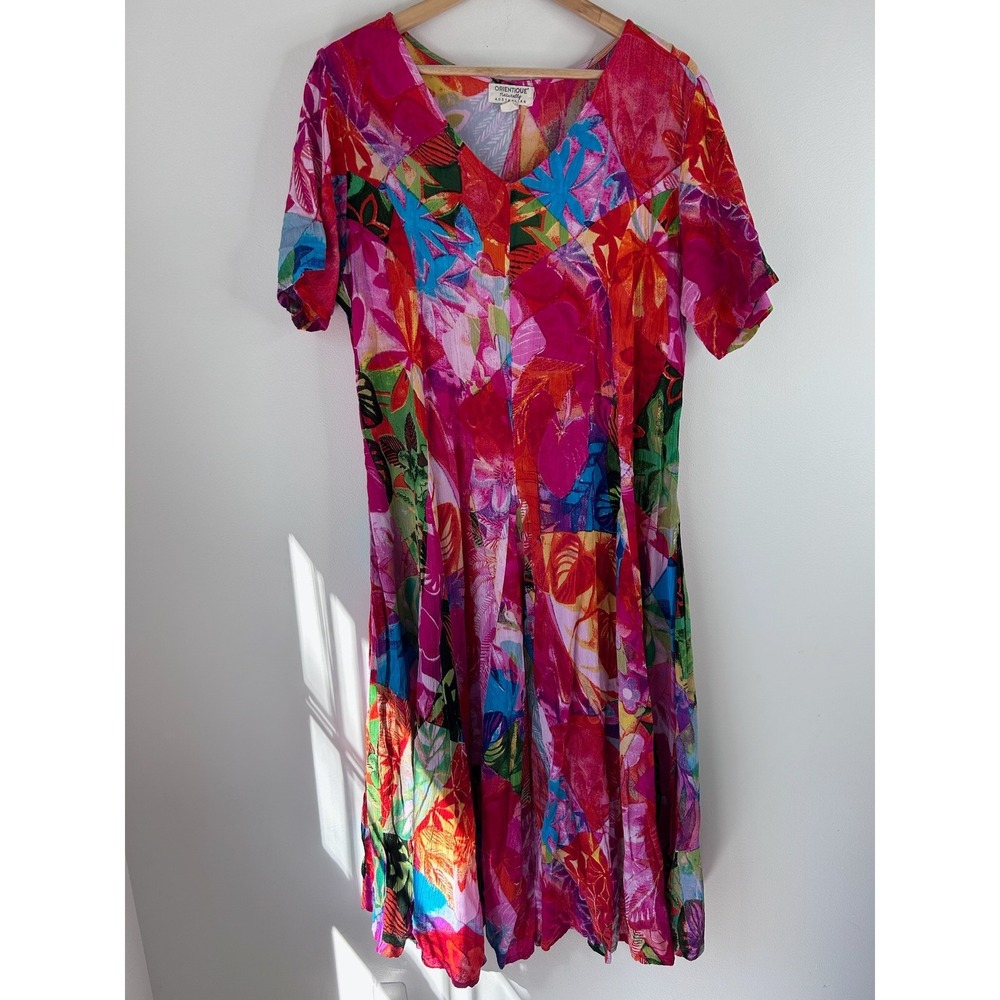 Orientique Naturally Australian Floral Patchwork Dress Pink Red Tropical Sz L